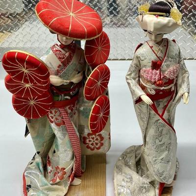 (2) Vintage Material Geisha Figurines With Wood Bases (as Is)