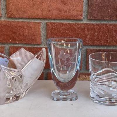 Signed Crystal Butterfly Vase, (3) Lowball Glasses, & Frosted Leaf Bowl
