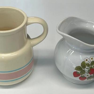 (2) Small Vintage McCoy Pitchers - 132 Stripped, 7528 Strawberries