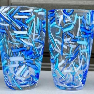 Set Of (4) Blue Confetti Art Glass Drinking Glasses
