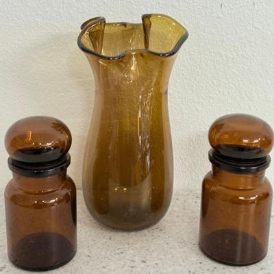 Vintage Amber Hand Blown Ruffled Vase And (2) MCM Belgium Apothecary Jars With Lids