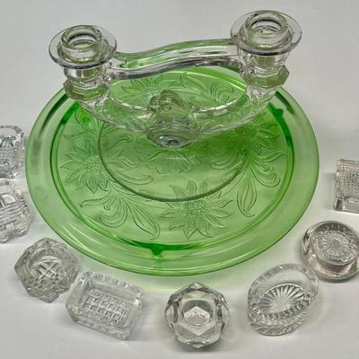 Green Depression Glass Footed Tray With (8) Clear Glass Salts, And Double Light Candle Holder