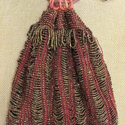 Antique Art Deco Iridescent Beaded Draw String Flapper Purse With Ceramic Square Beads