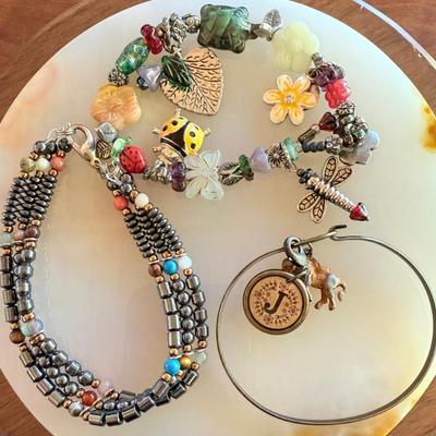 (3) Bracelets - Hematite Bead - Stone Animal LJB - Bangle With J