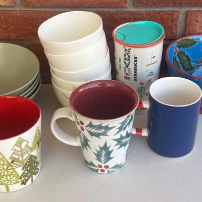 Assorted Dishware - Starbucks Coffee Cup And Mugs, Ikea Bowls, Olive Pattern Bowls