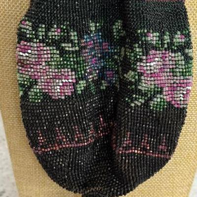 Antique Victorian Iridescent Floral Microbead Draw String Purse
