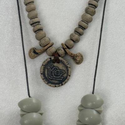 Studio Pottery Bead And Plastic Bead Necklaces With Leather Straps