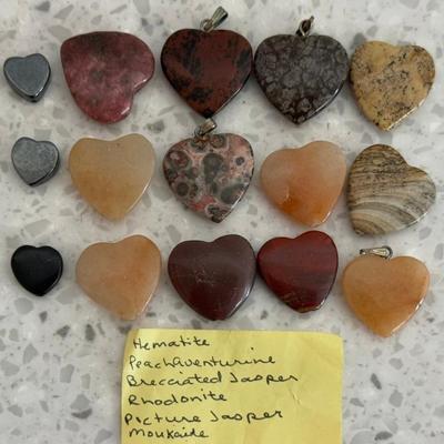 Collection Of Carved Heart Stone Beads And Pendants - Hemitite, Jasper, Rhodonite, Aventurine, And More