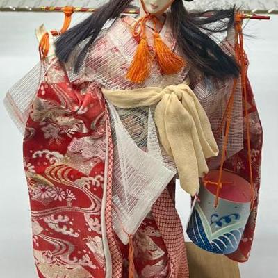 18.5" Japanese Female Material And Plastic Figurine With Wood Base