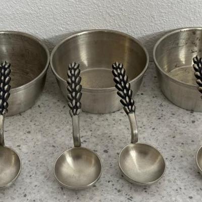 (4) Vintage Decorative Svolof Pewter Serving Spoons And (3) Matching Pewter Bowls