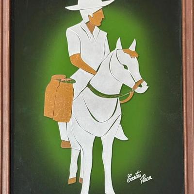 Costa Rica Folk Art Framed Horse And Rider Out Of Metal (as Is)
