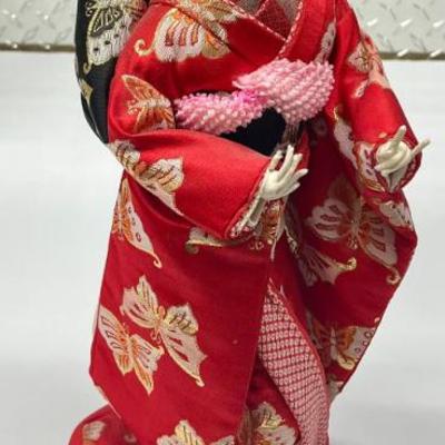 18" Japanese Material Geisha Figurine With Wood Base