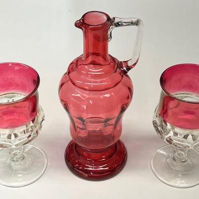 Vintage Cranberry Cruet And (2) Goblets