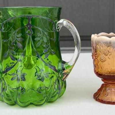 Fenton Cameo Opalescent Toothpick Holder With A Green Tri-handle Art Glass Dish With Gold And Silver Trim
Fenton Cameo Opalescent...