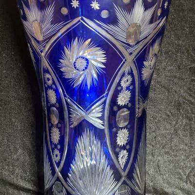 Bohemian Czech Cobalt Blue Cut To Clear Grand Vase
