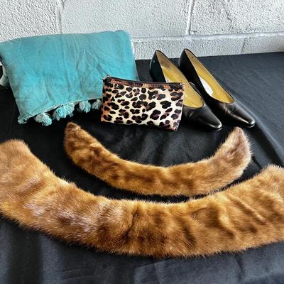 Etienne Aigner Leather Heels, Real Mink Fur Collars, Teal Pom-Pom Wrap & Makeup Bag