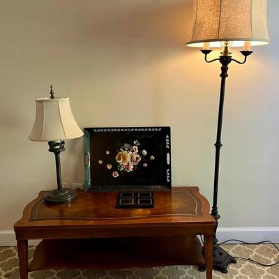 Vintage Leather Inlay Coffee Table With Lamps, Pimpernel Coasters, And Decorative Tray