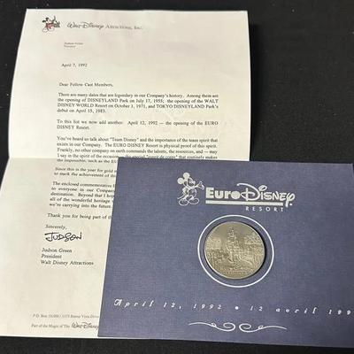 Euro Disney Resort Opening 1992 Commemorative Coin And Letter- Cast Member Exclusive 