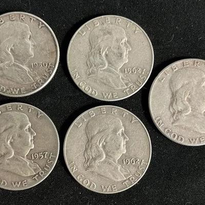 Set Of 5 Franklin Half Dollars