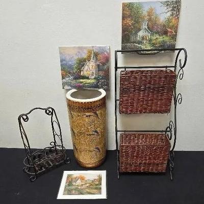 Tall Ceramic Painted Vase, Metal Wine Rack & Stand With Baskets, Nicky Boehne 2006 Church Prints+++ 