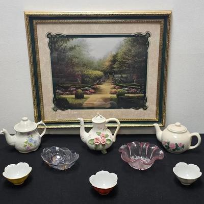 Floral Home Decor: Gold Framed Print, (3)Teapots, (3)Lotus Bowls, Pink & Multi-Color Glass Bowls