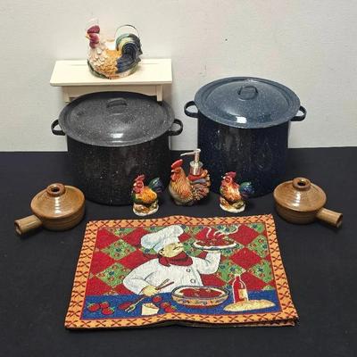 Black & Blue Speckled Enamel Stock Pots/Lids, Stone Wave Cookers, India Chef Placemats, Rooster +++
