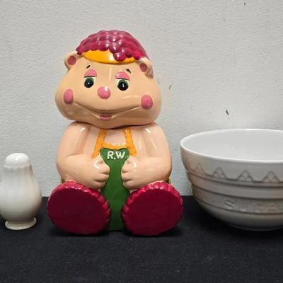 Vintage FROOKIE Cookie Jar, MIKASA Salt & Pepper, White Ceramic Mixing Bowl, 