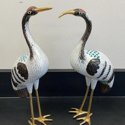 Pair Of Metal Cloisonne Style Birds