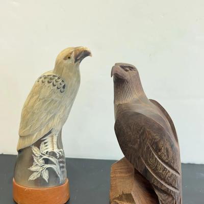 Hand Carved Wood Eagle And Signed Barry Stein Hand Carved Hawk 