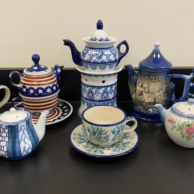 Assortment Of Blue & White Teapots (8)