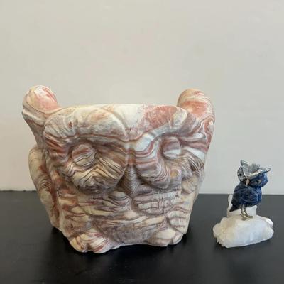 Carved Sodalite Owl On Quartz And Clay Owl Pot