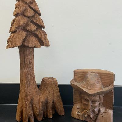 Pair Of Rustic Handmade Wooden Carvings