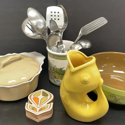 Assorted Kitchenware Pottery & Steel Utensils