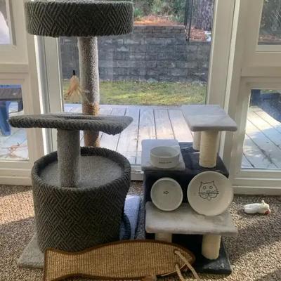 Two Cat Towers with Ceramic Bowls & Scratch Pad