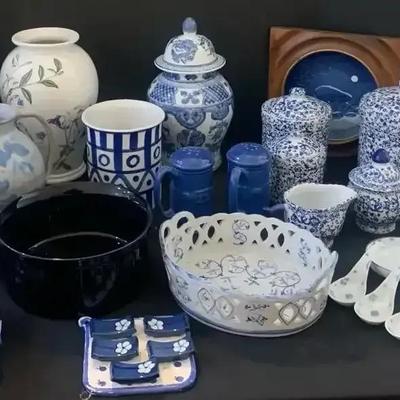 Blue & White Ceramic Canister Set, Cloth Napkins, Vases, Wall Plate & More