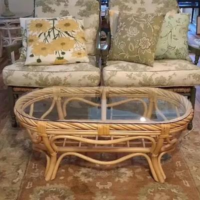 Wicker Chairs with Cushions, Accent Pillows, Glass-Top Wicker Table & Area Rug