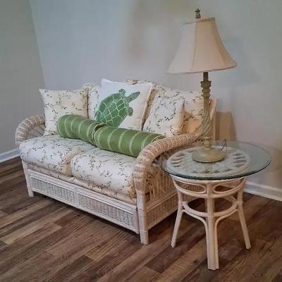 Wicker Loveseat with Decorative Pillows & Glass-Top Wicker Side Table