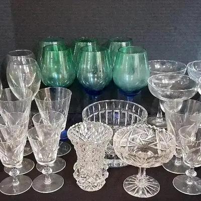 Glassware Collection Featuring Wine Glasses, Martini Glasses, Cut Glass Candle Holders & More