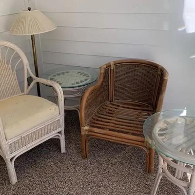 Rattan Sunroom Seating Set with Glass-Top Tables & Brass Floor Lamp