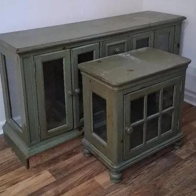 Wooden Lighted Buffet with Glass Doors & Drawers, Plus Matching Side Table