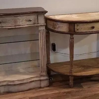 Two Wooden Accent Tables with Drawer Storage & Display Features