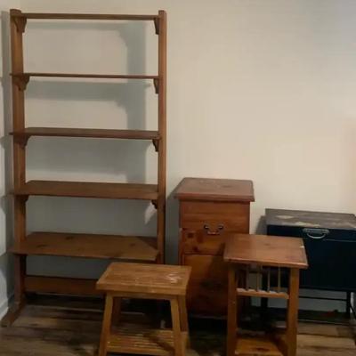 Wood Shelving Unit, Nightstands & Ducks Unlimited Chest on Metal Stand