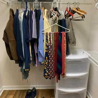 Men’s Clothing Collection with Polo Shirts, Slacks, Ties, Size 10D Shoes & Storage Drawer Unit