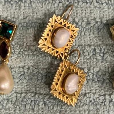 925 Lever-Back Cultured Pearl Earrings & SAL Monet Gem Drop Rhinestone Earrings