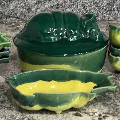 Vintage 9-Piece Drip Ware Pottery Pig Dishes