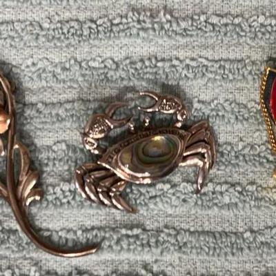 925 Abalone Crab, MFA Hot Air Balloon and Sterling Flower Pins