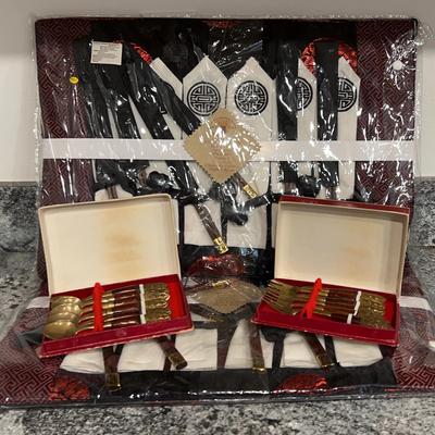 New Oriental Table Settings for 12 with Vintage Siam Brass Cocktail Forks & Spoons