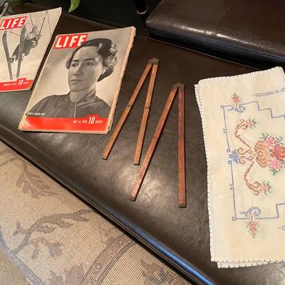 Lot With Antique Wooden Folding Rulers, Life Magazines And Embroidered Cloth