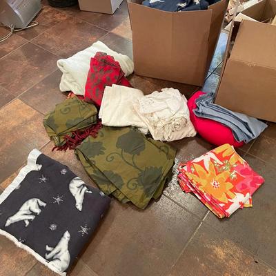 Lot Of Various Linens And Blankets Including A Floral Vera Table Cloth