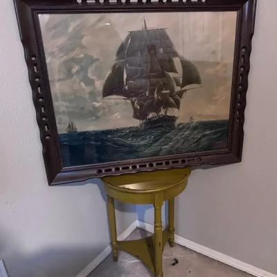 Framed Ship Print and End Table